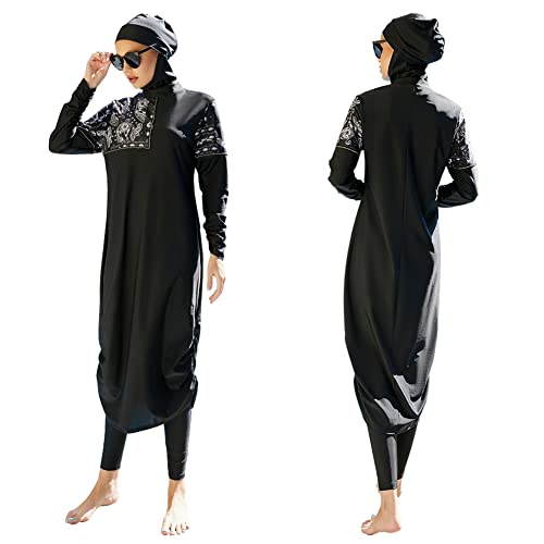 Frauen Muslimische Badeanzug Burkini Damen Muslim Full Cover Islamisch Arabisch Jilbab Schwimmanzug Langarm Schwimmoberteile Built in Bra+Schwimmhose+Hijab 3tlg Ganzkörper Modest Bademode 2#Schwarz XL