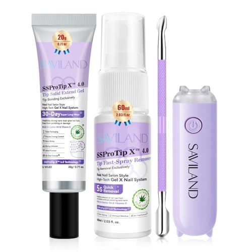 SAVILAND 20g Solid Nail Glue Gel Kit: 30 Days Long Lasting Gel Glue for Press On & False Nails with 60ml Quick Removal Nail Glue Remover & UV/LED Mini Lamp Strong Hold Nail Bond for Nail Art Design
