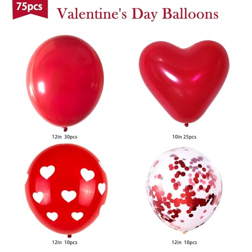 Image of 75 PCS Valentines Day Balloons with Red Heart Balloons and Printed Confetti Latex Balloons for Valentine's, Proposal, Wedding Party Romantic Decorations