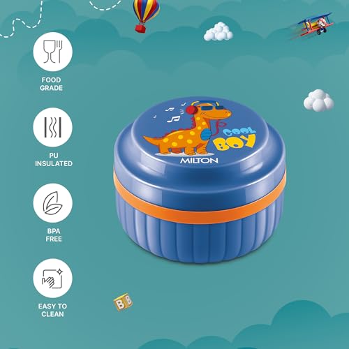 Image of MILTON Bestie Tiffin Big Plastic Insulated Tiffin Box with Steel Partition Plate, 315 ml, Dark Blue (Cool Boy Print)| BPA Free | Food Grade | PU Insulated | Kids Lunch Box