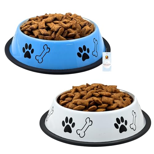 Image of Foodie Puppies Stainless Steel Dog Bowl Combo - (Medium, 700ml) Food and Water Feeding Gift Bowl | Suitable for Dogs, Cats and Other Pets I Paw Bone Print, Anti-Skid Rubber Base (White + Sky Blue)