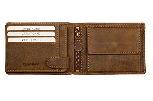 Image of DiLoro Mens Large Leather Bifold Wallet Flip ID Zipper Coin Compartment | Large capacity mens bifold wallet featuring dual flip ID windows, a coin pocket, and a YKK zippered compartment