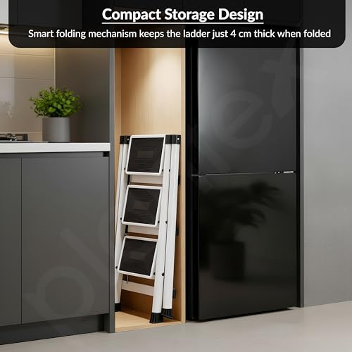 Image of Plantex 3 Step Ladder for Home Use /Wide Anti-Slip Heavy-Duty Step Stool /Lightweight Kitchen Ladder 3 Step (White)