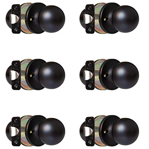 Ilyapa Passage Door Knob for Hall/Closet - Ball, Oil Rubbed Bronze Interior Keyless Non Locking Round Door Handle, Oil Rubbed Bronze, 6 Pack