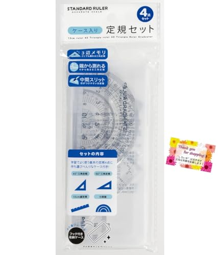 【学習でよく使う基本定規4点セット】 ケース入定規セット 45度三角定規・60度三角定規・直定規・分度器 持ち運びに便利なケース付き 事務用 勉強用