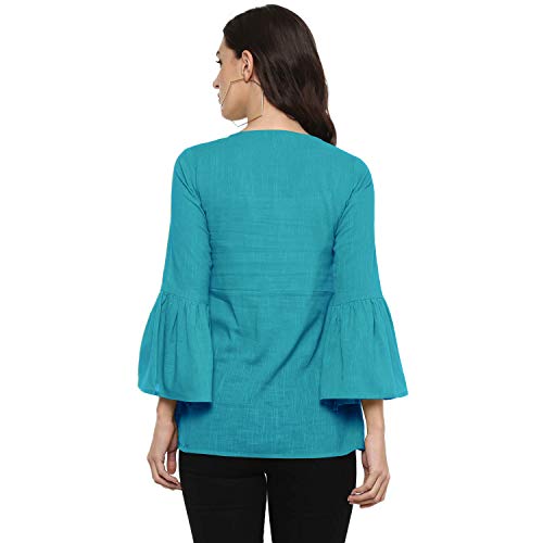 Image of Cotton Plain and Solid Bell Sleeve A-Line Short Round Neck Flared Tunic Top for Girls Women