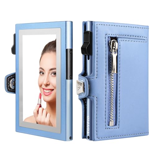 Image of Pop Up RFID Wallet Women, Small Wallet for Women Compatible with Airtag, Tri-fold Genuine Leather Wallet Women with Mirror, Zp-Blue, Business Casual Style