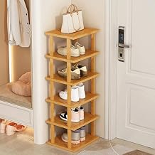 Tall Shoe Rack 6 Tiers Vertical Wood Narrow Shoe Rack for Entryway, Free Standing Closet Shoes Organizer, Space Saving Corner Shoes Shelf, Tall Shoe Tower, Waterproof Yellow