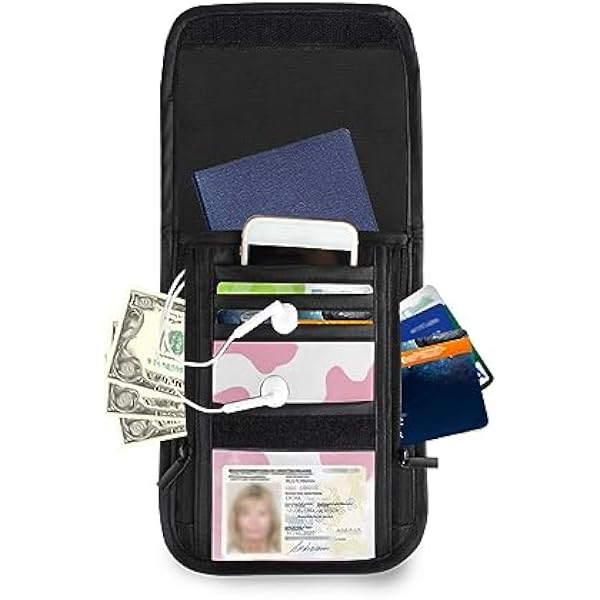 JUNZAN Дорожный кошелек на шею с принтом «корова», для женщин и мужчин, с RFID-блокировкой, 19 см × 15 см, сумка через плечо с регулируемым ремнем, розовый принт «корова», 7,5