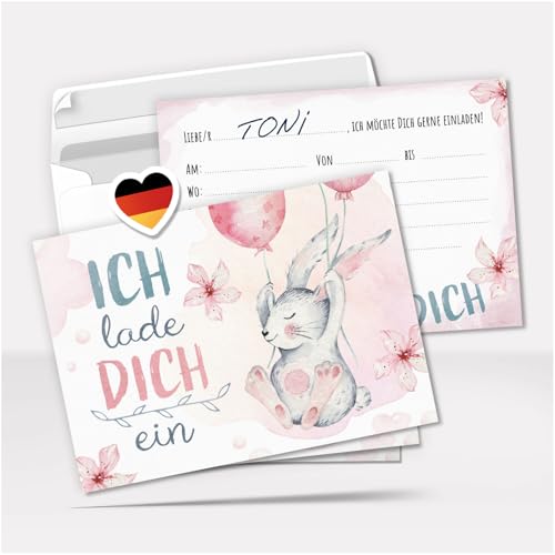 Einladungskarten Kindergeburtstag Niedlicher Aqurell Hase Rosa - 8 Karten...