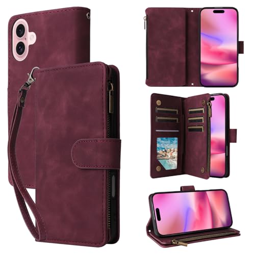 Coque iPhone 16 QLTYPRI étui portefeuille en cuir PU antichoc vin rouge avec fentes de cartes