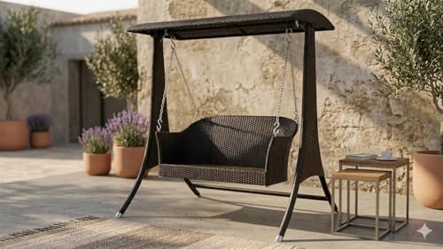 Image of India Outdoor Indoor Wicker Swing Chair with Canopy Wicker Patio Swing Set Garden Balcony Porch Poolside Lawn Furniture 2 Seater Hanging Swing Chair (Black)
