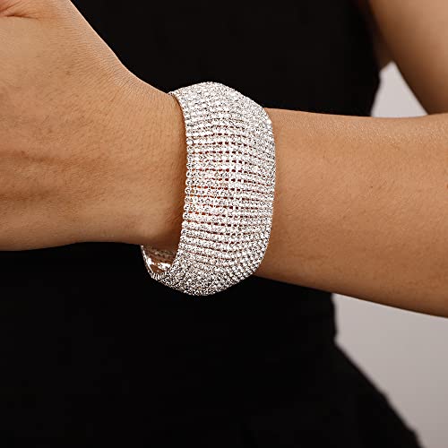Xerling Full Rhinestones Bracelets Silver and Gold Crystal Cluster Wide Bangle Bracelets for Women Multi-layered Tennis Chain Bracelets (Type A Silver)2