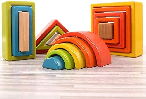 'Wonderland' Wooden Geometrical Building Blocks, 32 Piece Large Geometrical Rainbow Stacker, Stacking & Nesting Construction Toys, Preschool Colorful Learning Educational Toys