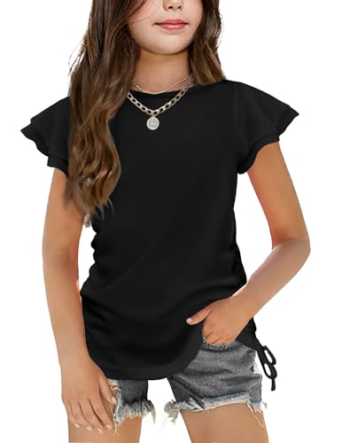 Image of Arshiner Girls T Shirts Ruffle Short Sleeve Ruched Knot Side Tunic Blouse Summer Tee Tops