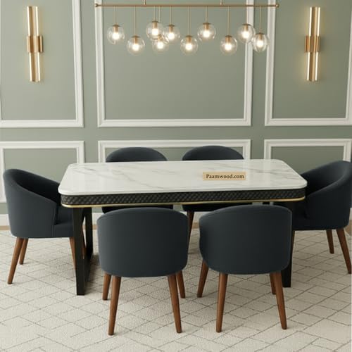 Image of 6-Seater Modern Nano Composite Marble Top Dining Table Set | MS Foldable Base, Sheesham Wood Legs | Suede Upholstered Chairs | Luxury Dining Furniture for Home (Black) - 36 inchX72 inchX30 inch in