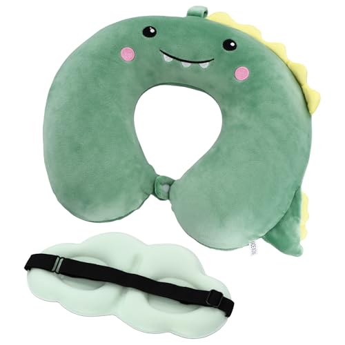 Almohada Viaje, Cojín Cuello Viaje, Almohada Viscoelástica para Coche, Tren y Avión, Almohada Cervical para Niños y Adultos, Diseño Lindo dinosaurio, con suave antifaz para dormir en forma de nube