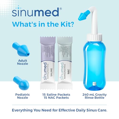 SinuMed Sinus Rinse Kit, 30PK NAC and Saline Packets for Nasal Rinse, Gravity Rinse Bottle, Alternative to Neti Pot, Helps with Allergy, Congestion, Cold Symptoms