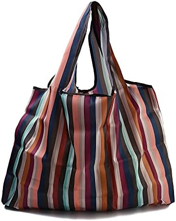 BEEFLYING 3 Pcs Foldable Eco-Friendly Nylon Grocery Bags Reusable Waterproof Shopping Tote Bags Stripe Pattern with Pouch and Bag Handle
