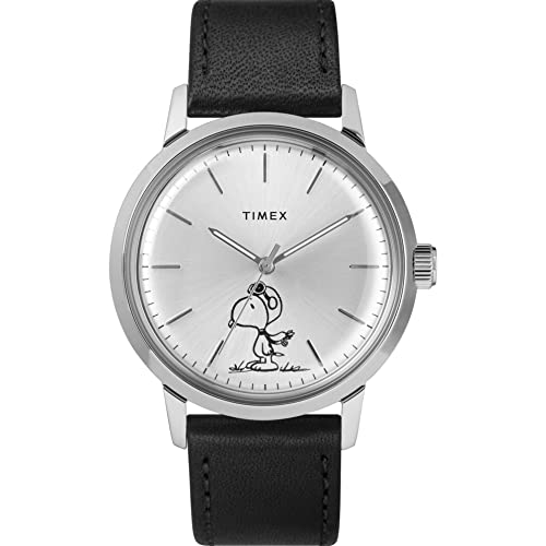 Timex 40mm Timex Marlin Automatic X Peanuts Featuring Snoopy Flying Ace Leather Strap Watch Silver/Silver/Black One Size