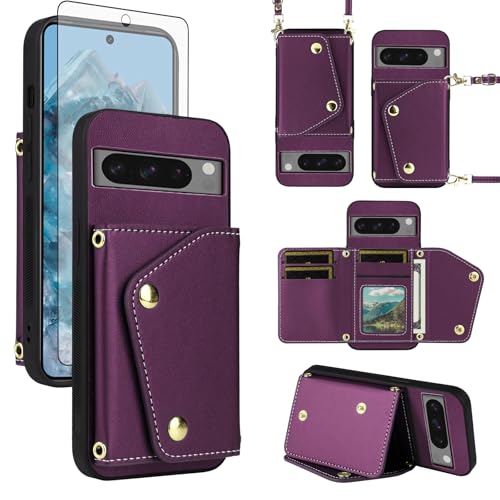 Image of ELISORLI Wallet Case for Google Pixel 8 Pro 5G & Screen Protector Slim Flip Purse Shoulder Strap, Luxury PU Leather Card Holder Stand Phone Cover for Pixel8Pro Pixel8 XL Eight 8Pro Women Deep Purple