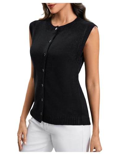 Image of Milumia Women's Round Neck Button Up Sweater Vet Sleeveless Basic Knit Tops Black Medium