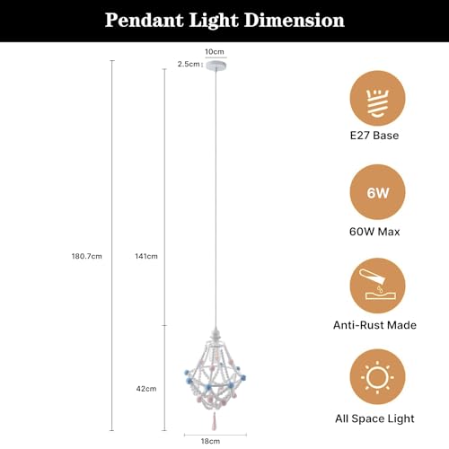 JIAHUA White Pendant Light,Ceiling Light,Twist Wood Chain,White Wood Chandelier with Hanging Coloured Pom Pom and Detailed Tassel-JH62303WH - Image 3
