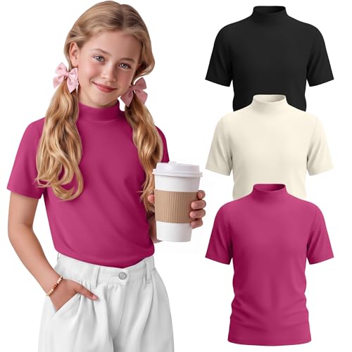 LessonZoo 3 Pack Girls Mock Neck Shirts Short Sleeve Turtleneck Top Summer Casual T-Shirt Basic Tee for Teen Kids 5-14 Years(Rose Red Cream Black 5-6 Years)