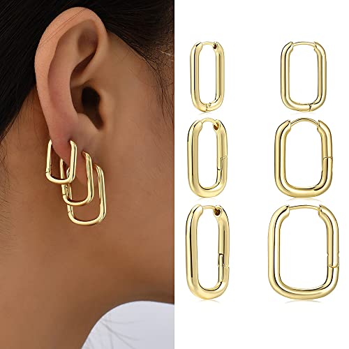 Erpels 3Pairs Square Hoop Earrings Set, 14K Gold Plated Lightweight Chunky Hoop Earrings, Rectangle Earring For Women Gift #TOP3