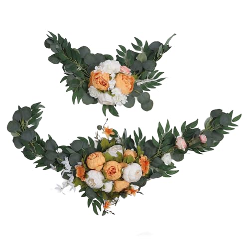 2個の架空のウェディングアーチャー、ウェディングウェルカムサインフローラル、リボンコード付きの絶妙なRomcシルクスワッグ、PEアーチr用 (オレンジ)