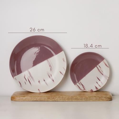 Image of The Earth Store DT Magenta Italian Ceramic Dinner Set of 18 Pieces Serving for 6, Microwave and Dishwasher Safe Plates & Bowls for Dining, Bone-Ash Free Crockery Set for Dining and Gifting
