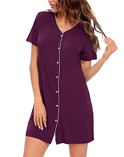 Image of SWOMOG Women's Button Down Nightgown Short Sleeve Nightshirt V-Neck Sleepwear Boyfriend Sleepshirt Pajama Dress Wineberry