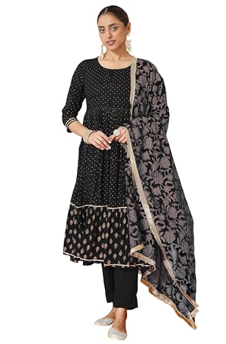 Janasya Women's Black Rayon Gold Printed Anarkali Kurta Set (JAB25ST02609-JA-S) Deal