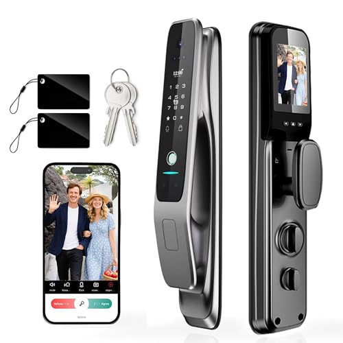 YINTIN 3D Face Recognition Smart Lock with Camera & Handle Palm Vein Keyless Entry Fingerprint Door Lock & Video Doorbell 8-in-1 Unlock Mortise Lock Tuya App 2-Way Talk IP67 for Front Door