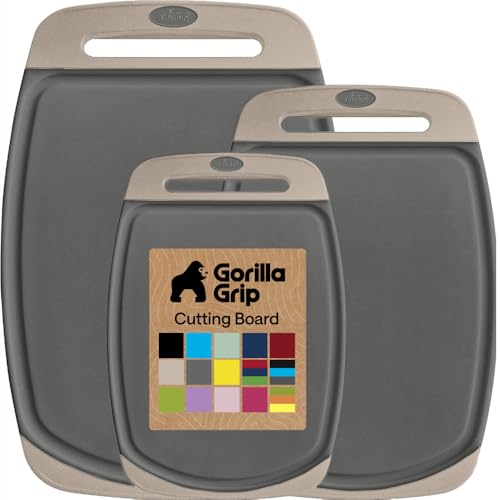 Image of GORILLA GRIP BPA-Free Reversible Kitchen Cutting Board Set of 3, US Designed, Nonporous, Juice Grooves Catch Liquid, Slip Resistant Border, Dishwasher Safe, Durable Food Chopping Boards, Gray Almond