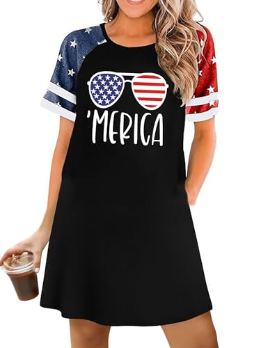 Image of YI XIANG RAN 4th of July Dress Women: American Flag Dresses USA Stars Stripes Shirt Patriotic Tshirt Summer Sundress