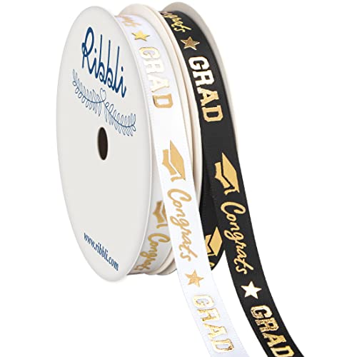Ribbli 2 Rolls Graduation Ribbon Congrats Grad Gold Satin Ribbon Use for Gift Wrapping Graduation Party Decoration 3/8 Inches Total 20 Yards White/Black