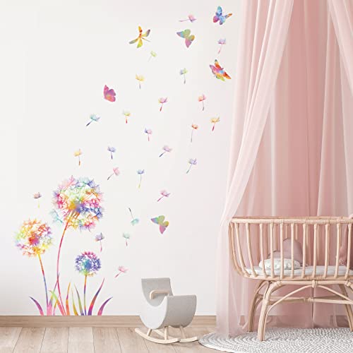 KAIRNE Wandtattoo Pusteblume,Blumen Wandtattoo für Kinderzimmer Mädchen,Bunt Wandsticker Löwenzahn für Schlafzimmer,Pflanzen Blumen Wandaufkleber für Wohnzimmer Babyzimmer Küche Fenster Tür Wanddeko