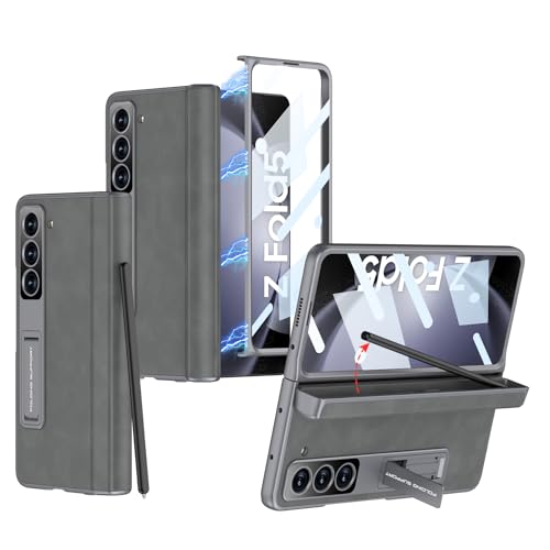 for Samsung Galaxy Z Fold 5 Case with Magnetic Hinge Protection & Built-in Front Screen and Kicstand,Hidden S-Pen Slot and Frosted Slim Texture Case.(Grey) Grey No Pen