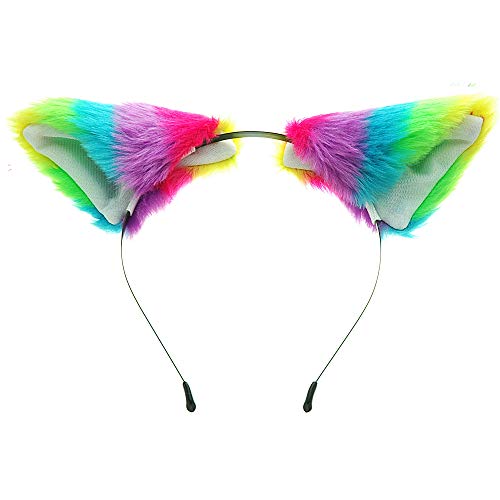 E-TING Cat Fox Long Fur Ears Anime Cosplay Headband Hairband Halloween Cosplay Party Costume (Rainbow)