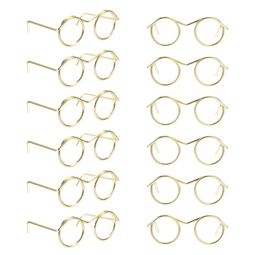 Ymapinc 12 Pcs Gold Doll Glasses, Mini Eyeglasses Metal Wire Rim Frameless Lens Doll Dress Up Making Supplies for Pets Costume Photo Props Cosplay