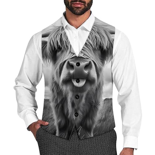 Highland Cow Black And White Suit Vest for Men Slim Fit Sleeveless Jacket V Neck Business Waistcoat Button Up Dressy Top
