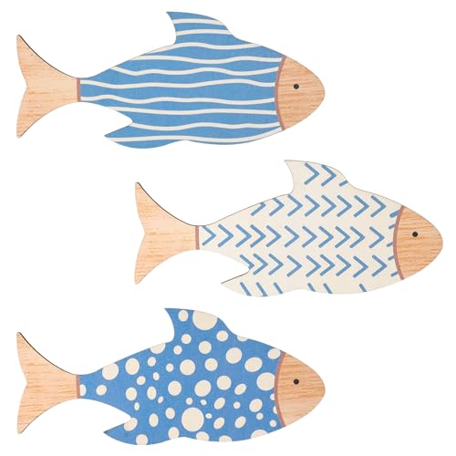 3 Pcs Wooden Fish Wall Decor, Vintage Beach Wall Decor, Blue Fish Sculpture Lake House Hanging Ocean Room Decor for Home Bathroom Bedroom