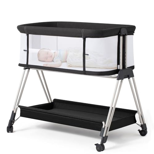 Image of Fodoss Baby Bassinet Bedside Sleeper with Wheels and Storage Tray,4-Sided Mesh Bedside Bassinet for Infant/Newborn,7 Height Adjustable Easy Folding Bedside Crib