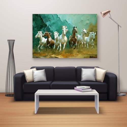 Image of RANGOLI Seven Horses Wall Painting | Vastu-Approved Canvas Art for Home and Office |3D Painting for Living Room, Study, and Bedroom (16 x 23 Inches with Frame) (green)