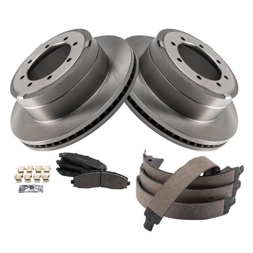 Image of TRQ Rear Brake Pad & Rotor Kit Parking Brake Shoe Set Semi-Metallic Compatible with 2013-2019 Ford F-350 Super Duty 2013-2014 F-450 Super Duty