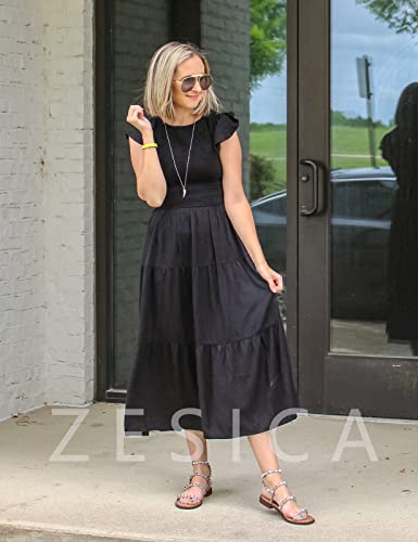 Zesica Women's 2023 Summer Casual Flutter Short Sleeve Crew Neck Smocked Elastic Waist Tiered Midi Dress,Allblack,Medium #TOP5