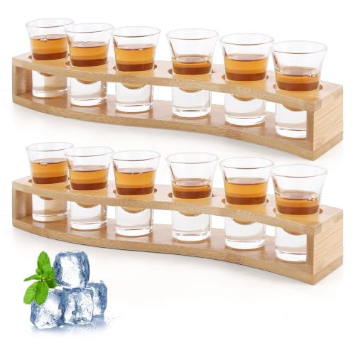 DAJAVE Juego de 12 vasos de chupito de 30 ml con bandeja de servir, base pesada, mini vaso de chupito pequeño para bebidas alcohólicas, cócteles, whisky, licor, espresso, fiesta, bar