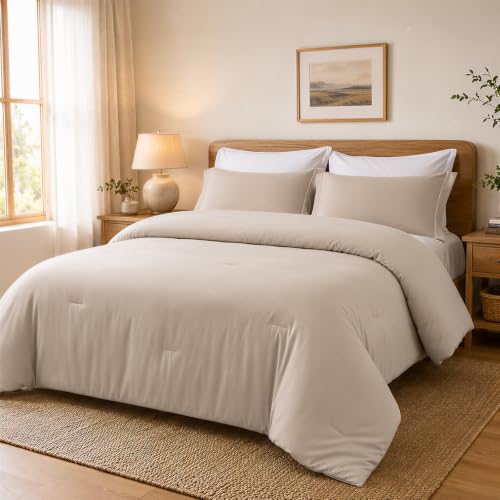 Image of weigelia Queen Comforter Set with Sheets - 7 Pieces Bed in a Bag Queen | All Season, Boho Style, Soft Lightweight Oatmeal Bedding Set with Sheets, Pillow Shams, Pillowcases