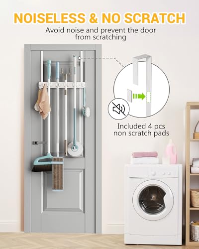 Lorbro Besenhalter, Türhalterung, Besen- und Wischmopphalter mit 2 Türhaken, Holzbesenaufhänger, Werkzeug-Organizer für Wäsche, Garage, Schrank, Küchendekoration, 4 Schlitze und 4 Haken, rustikal